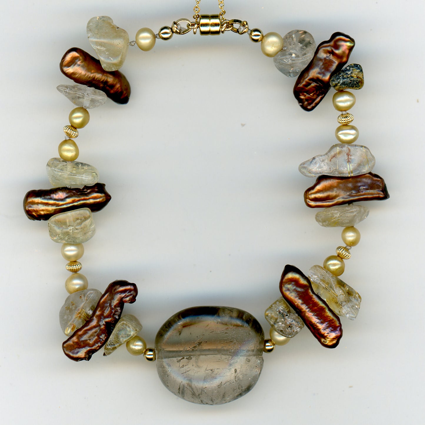 Smoky Quartz, Rutilated Quartz and Pearl Bracelet