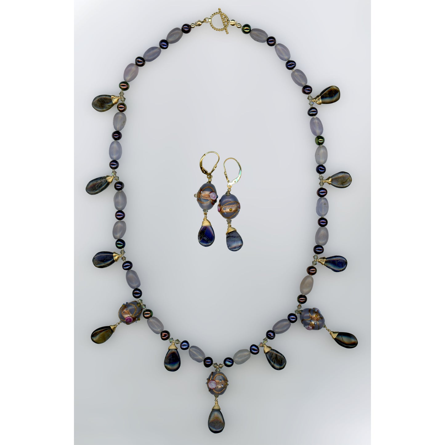 Lavender Blue — Iolite and Rose Bead Necklace Set