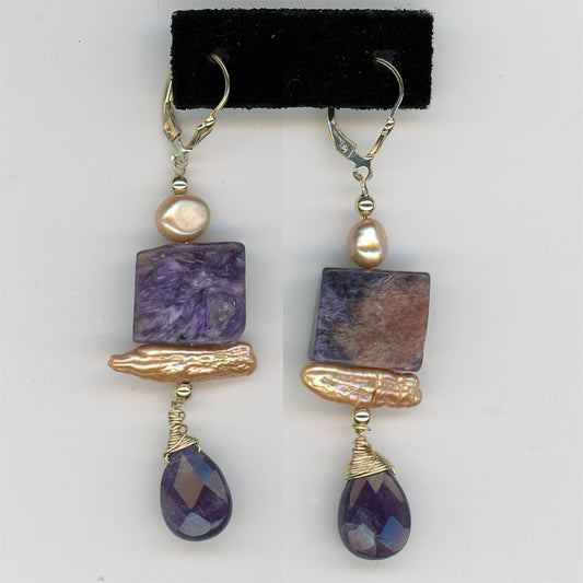 Charoite, Amethyst and Pearl Earrings