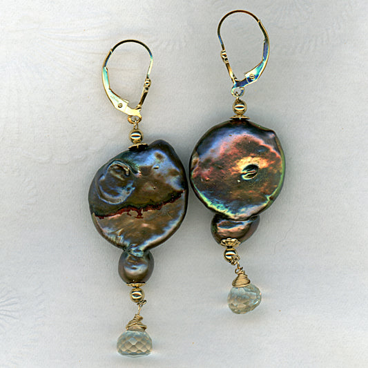 Baroque Coin Pearl & Praisolite Earrings