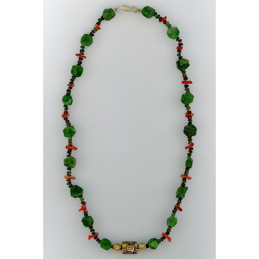 Green Dream — Russian Diopside and Red Coral Necklace