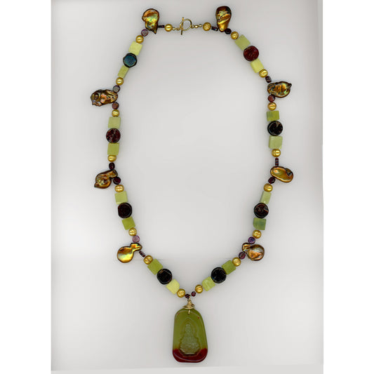 Quan Yin — Jade, Serpentine and Garnet Necklace