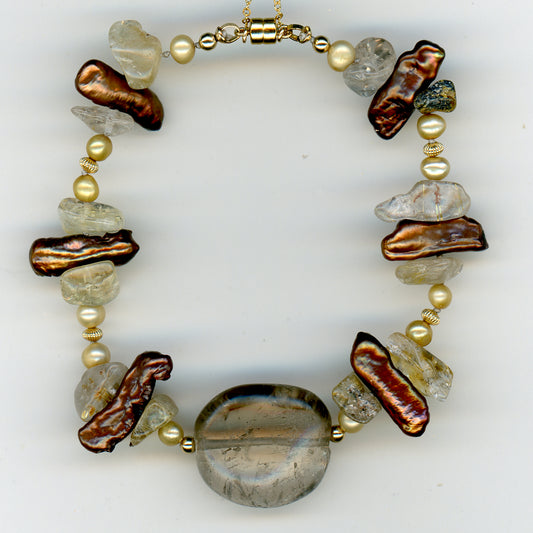 Smoky Quartz, Rutilated Quartz and Pearl Bracelet