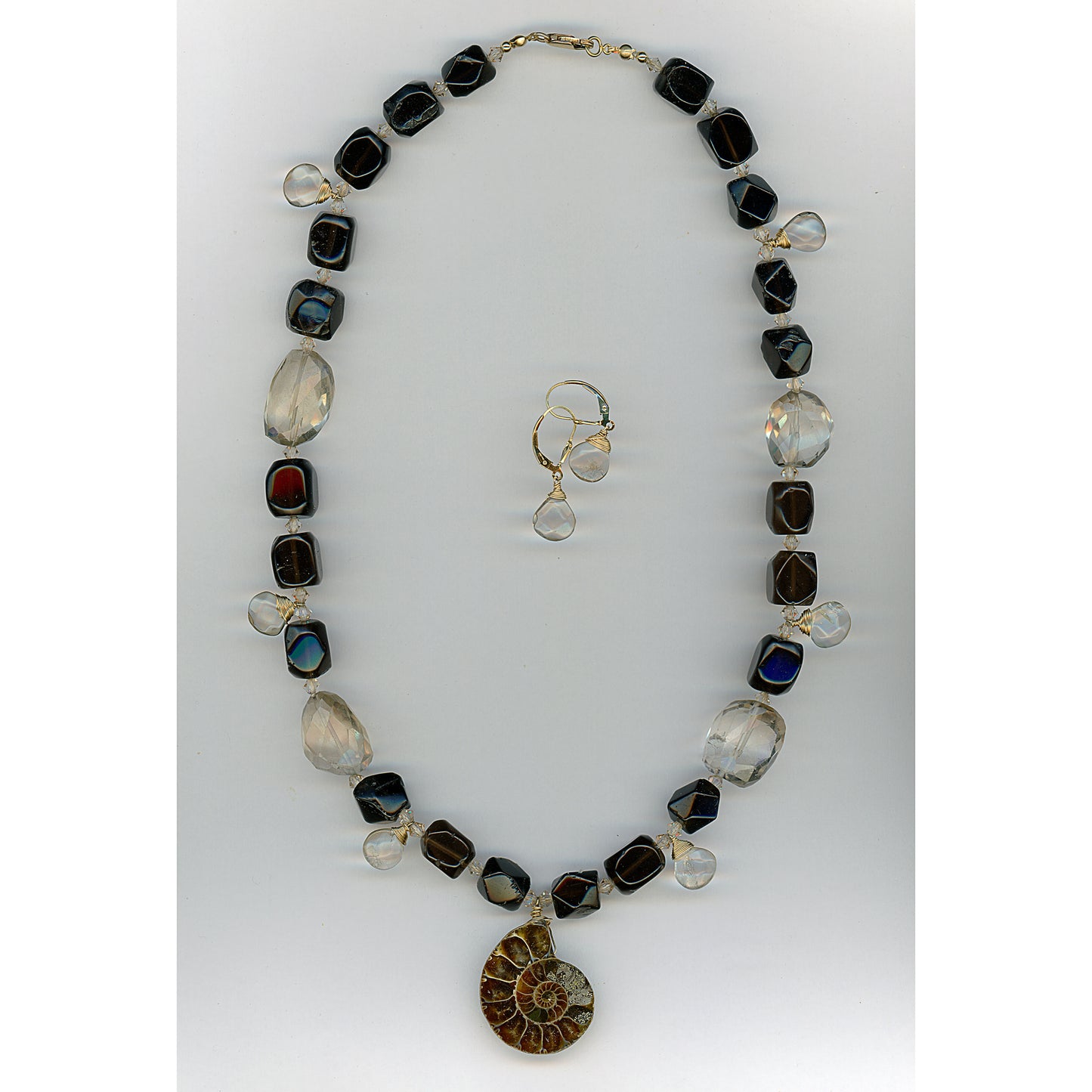 Quartz Study — Lemon Quartz and Smoky Quartz Necklace with Ammonite Pendant