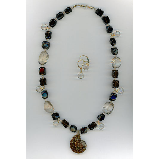 Quartz Study — Lemon Quartz and Smoky Quartz Necklace with Ammonite Pendant
