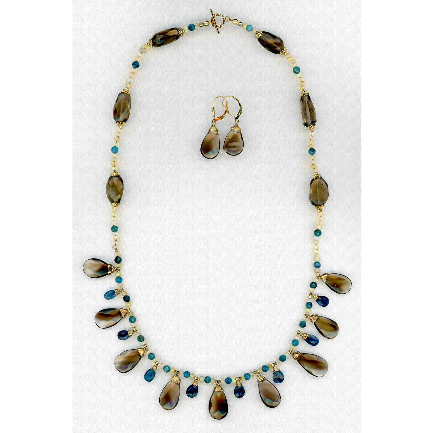 Queen of the Nile — Smoky Quartz, Apatite and Welo Opal Necklace Set